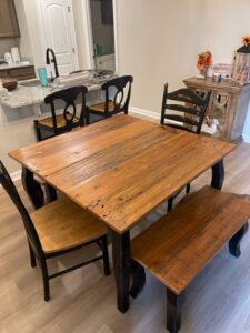 Cypress Table with benches and custom chairs
